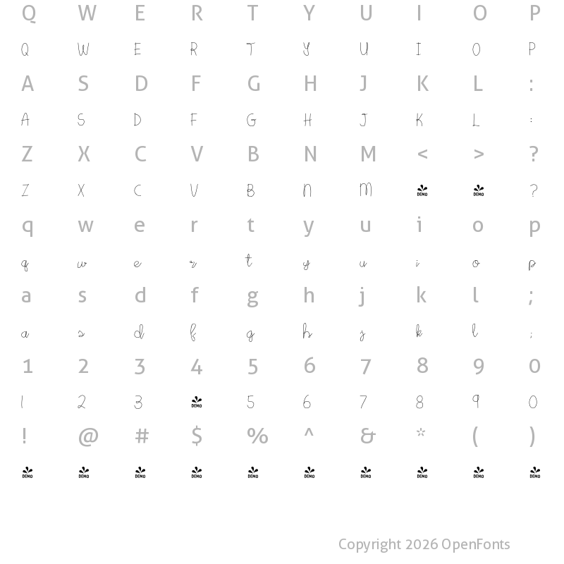 Character Map of FONTSPRING DEMO - Star Bright Moon Light Script Regular