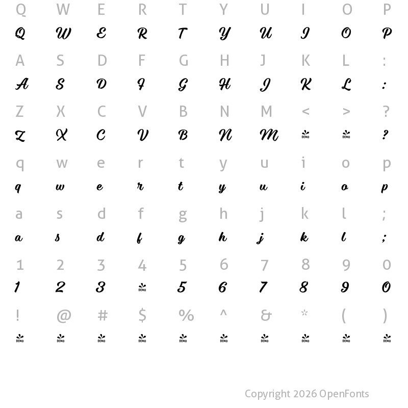 Character Map of FONTSPRING DEMO - SteakAndCheese Brush Bold Regular
