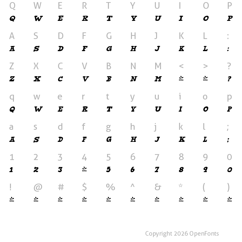 Character Map of FONTSPRING DEMO - Stink Buster Italic