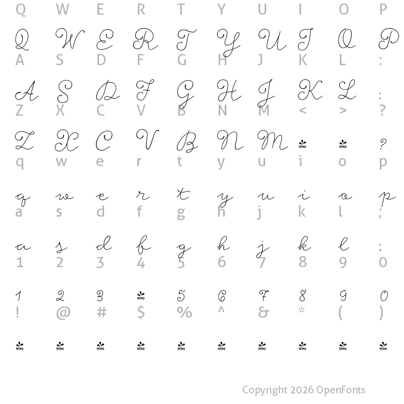Character Map of FONTSPRING DEMO - Storyteller Script Light Regular