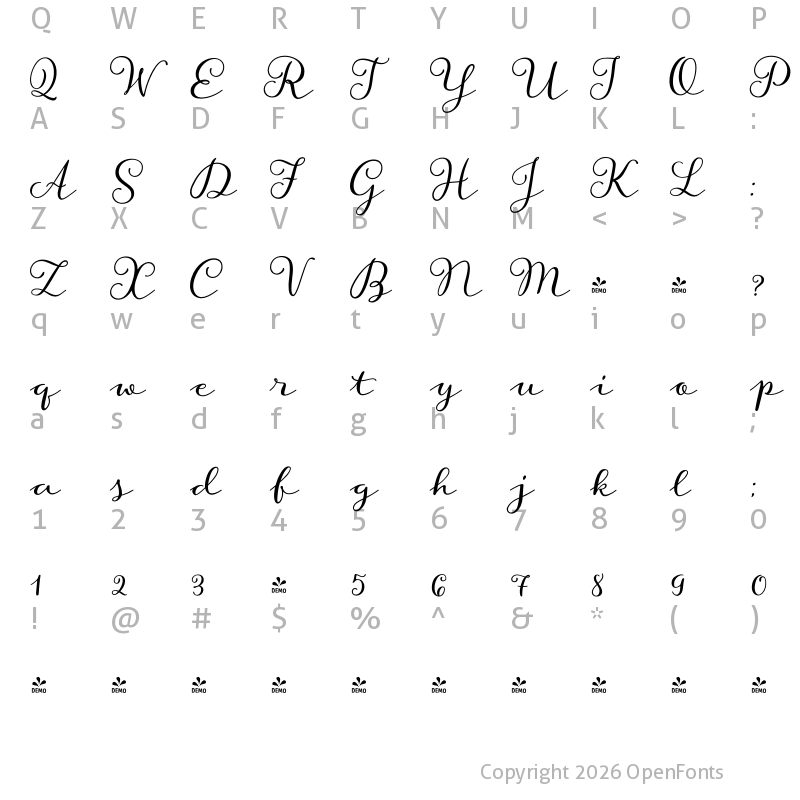 Character Map of FONTSPRING DEMO - Storyteller Script Regular