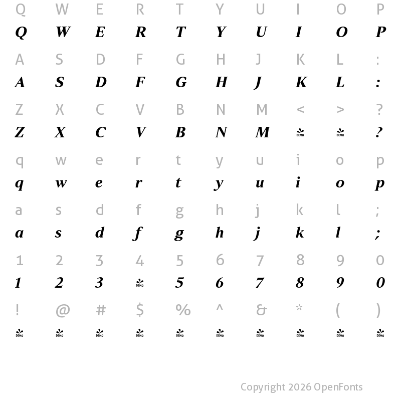 Character Map of FONTSPRING DEMO - Strato Pro Bold Italic
