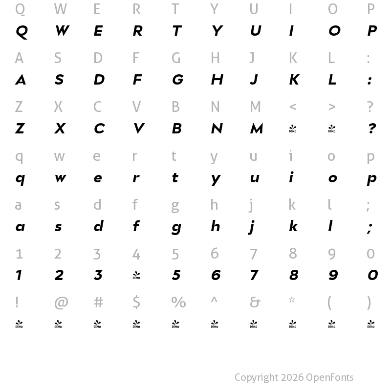 Character Map of FONTSPRING DEMO - Stray Extra Bold Italic Regular