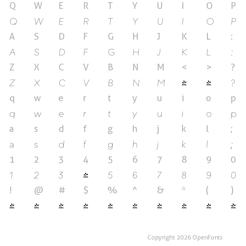 Character Map of FONTSPRING DEMO - strokeWeight 20 Italic