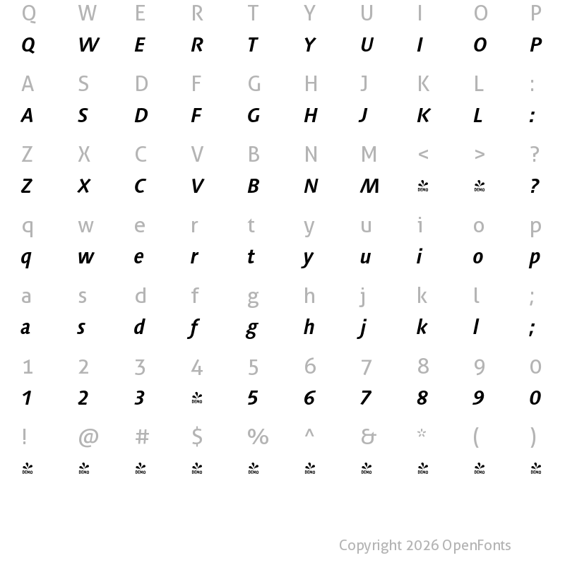 Character Map of FONTSPRING DEMO - Struktur Pro Bold Italic