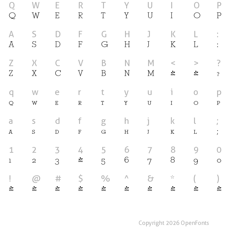 Character Map of FONTSPRING DEMO - Stymie Pro Caps Light Regular