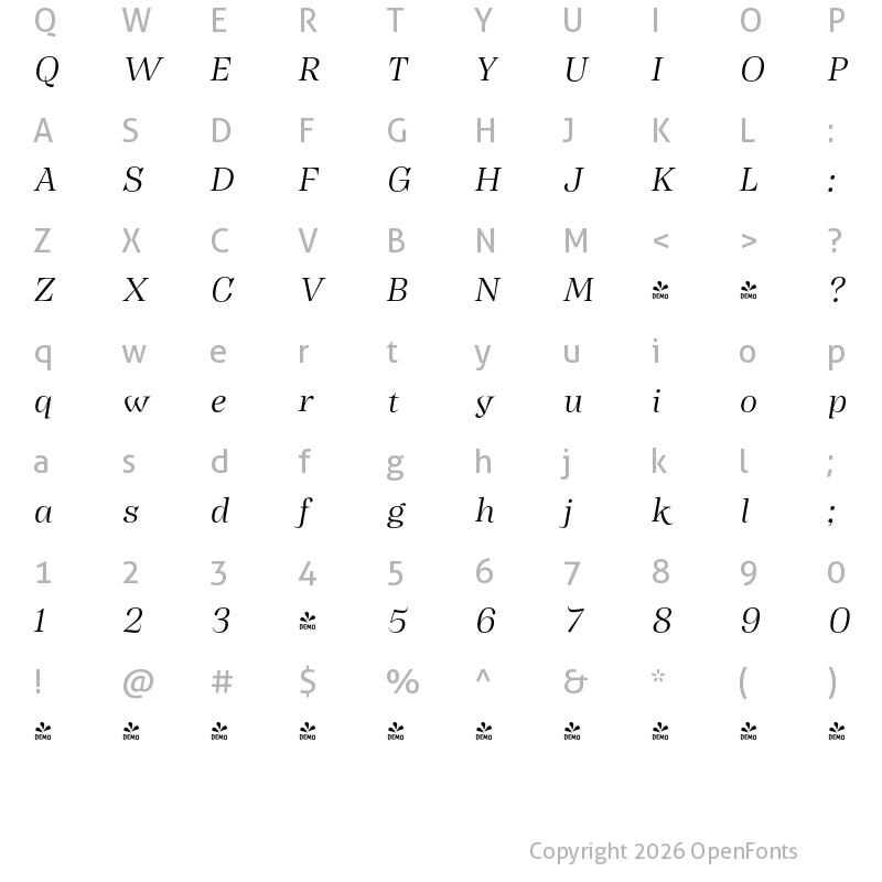 Character Map of FONTSPRING DEMO - Subhead Light It Italic