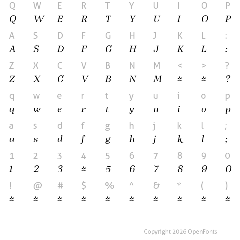 Character Map of FONTSPRING DEMO - Subhead Regular It Italic