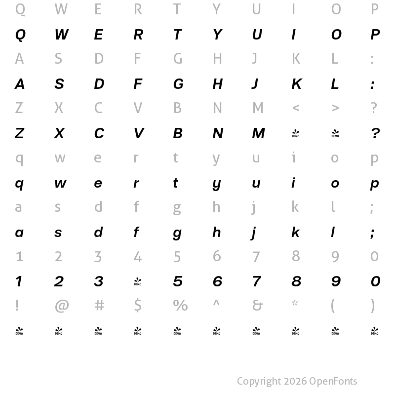 Character Map of FONTSPRING DEMO - Substance Bold Italic