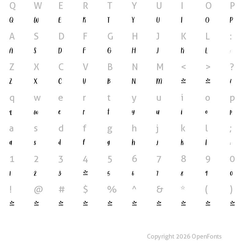Character Map of FONTSPRING DEMO - Sugar & Spice HandSans Regular