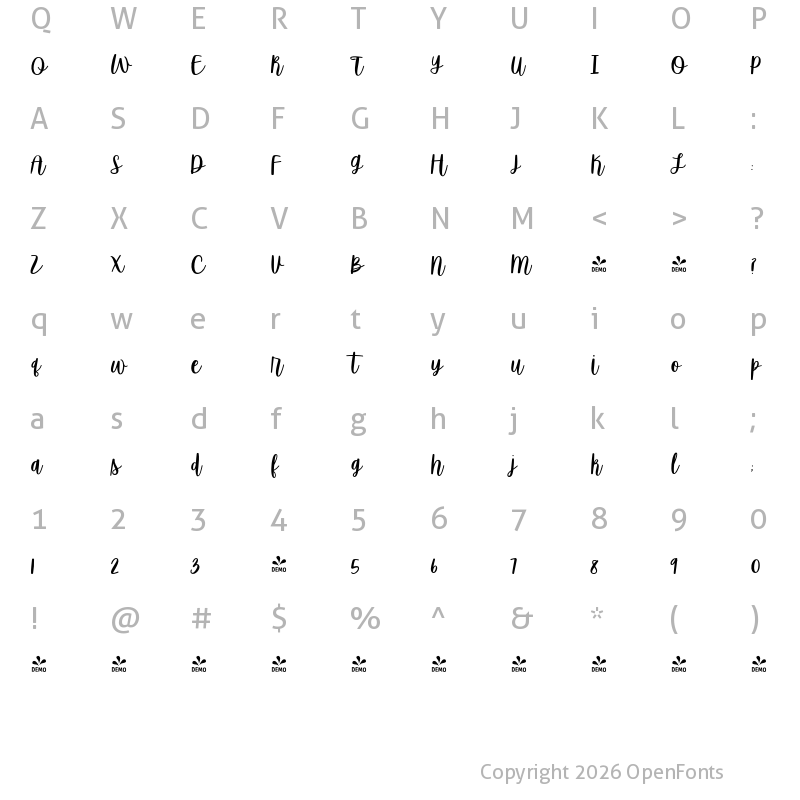 Character Map of FONTSPRING DEMO - Sugar & Spice Regular
