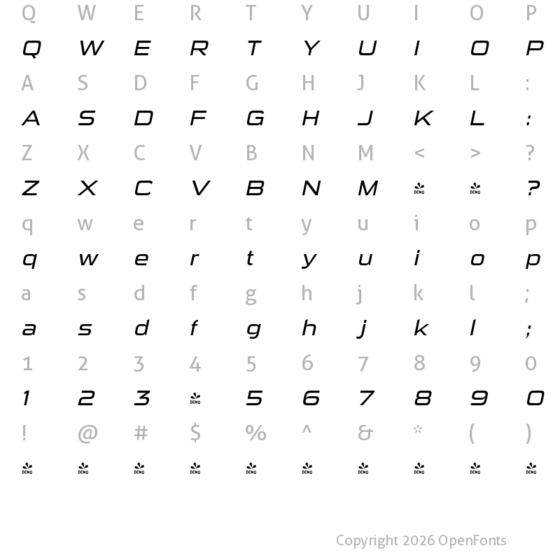 Character Map of FONTSPRING DEMO - Sui Generis Bk Italic