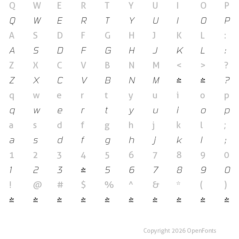 Character Map of FONTSPRING DEMO - Sui Generis Cd El Italic
