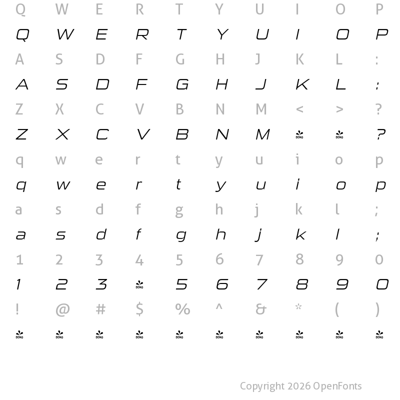 Character Map of FONTSPRING DEMO - Sui Generis Lt Italic