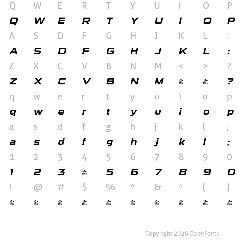 Character Map of FONTSPRING DEMO - Sui Generis Rg Bold Italic