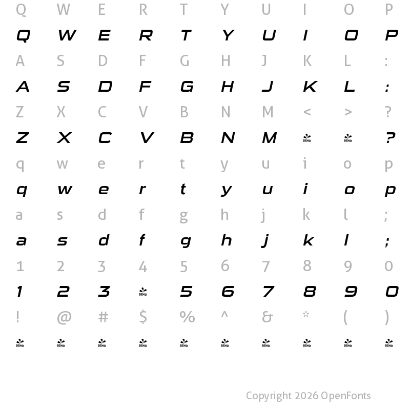 Character Map of FONTSPRING DEMO - Sui Generis Rg Italic
