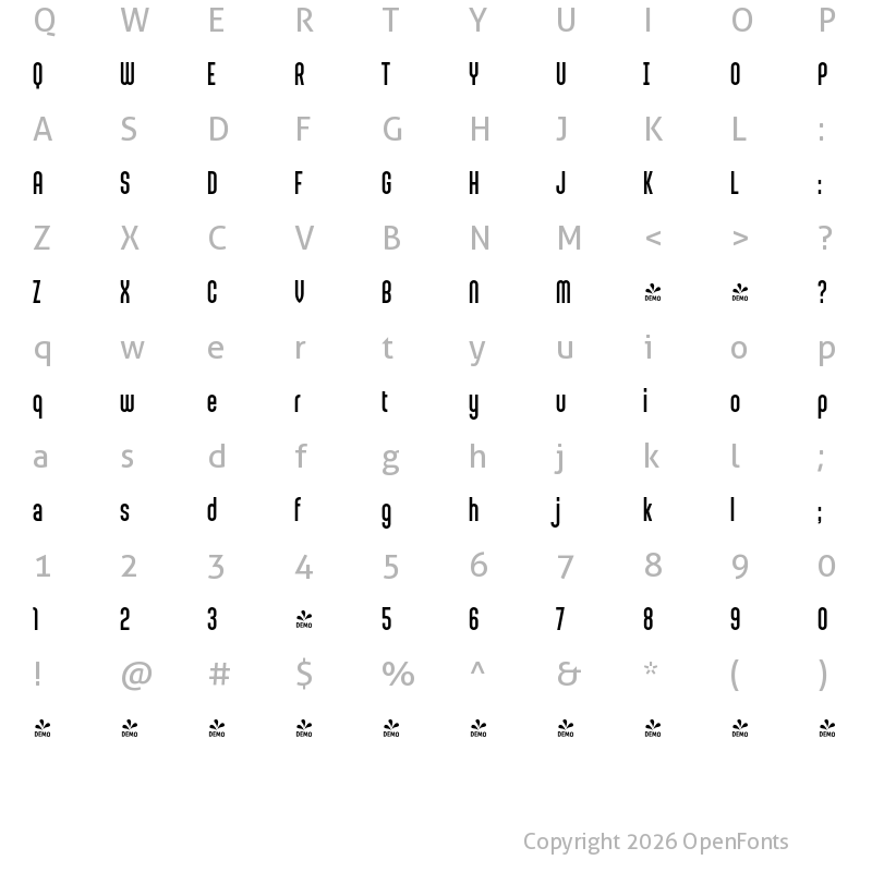 Character Map of FONTSPRING DEMO - Sunblock Pro SemiCond Regular