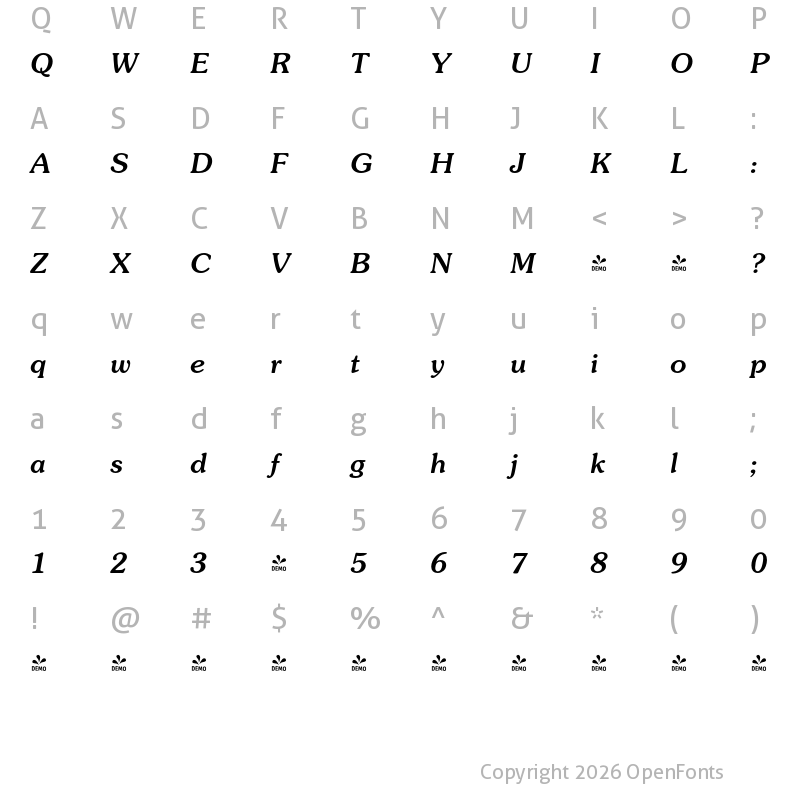 Character Map of FONTSPRING DEMO - Sunset Italic