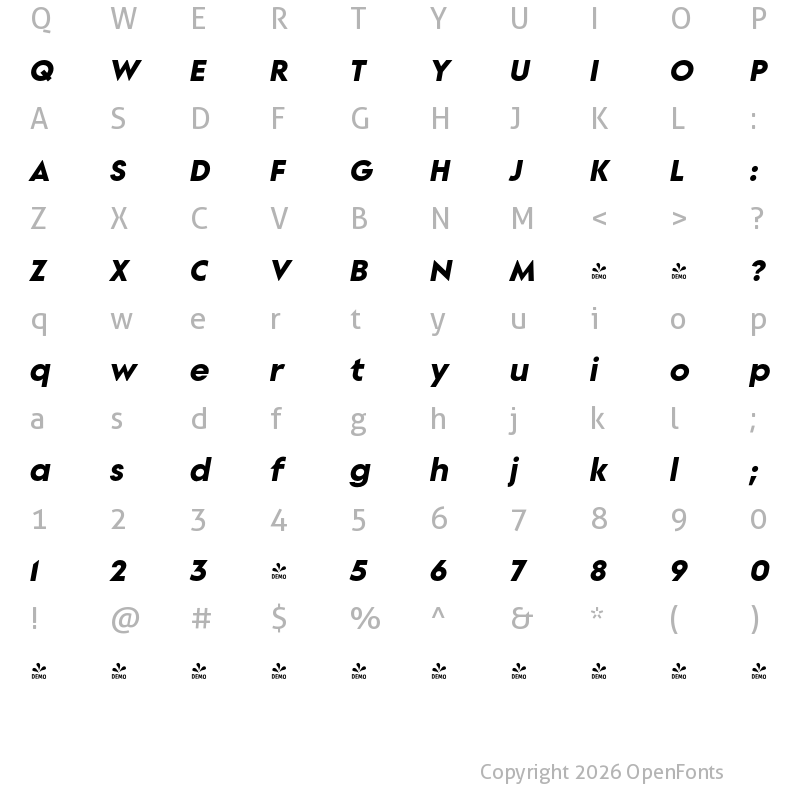 Character Map of FONTSPRING DEMO - Supera Gothic Black Italic