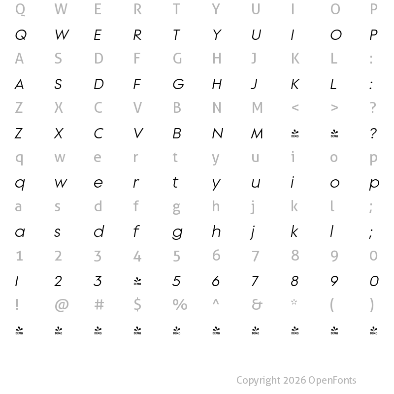 Character Map of FONTSPRING DEMO - Supera Gothic Italic