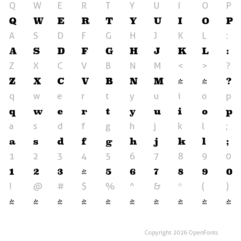 Character Map of FONTSPRING DEMO - Superclarendon Bl Regular