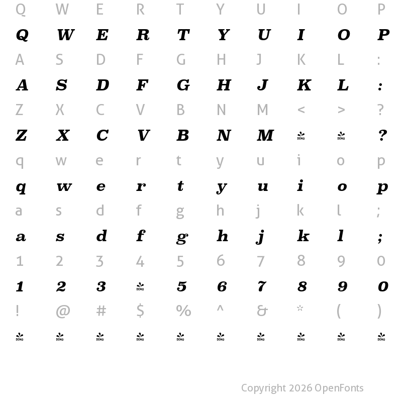 Character Map of FONTSPRING DEMO - Superclarendon Rg Bold Italic