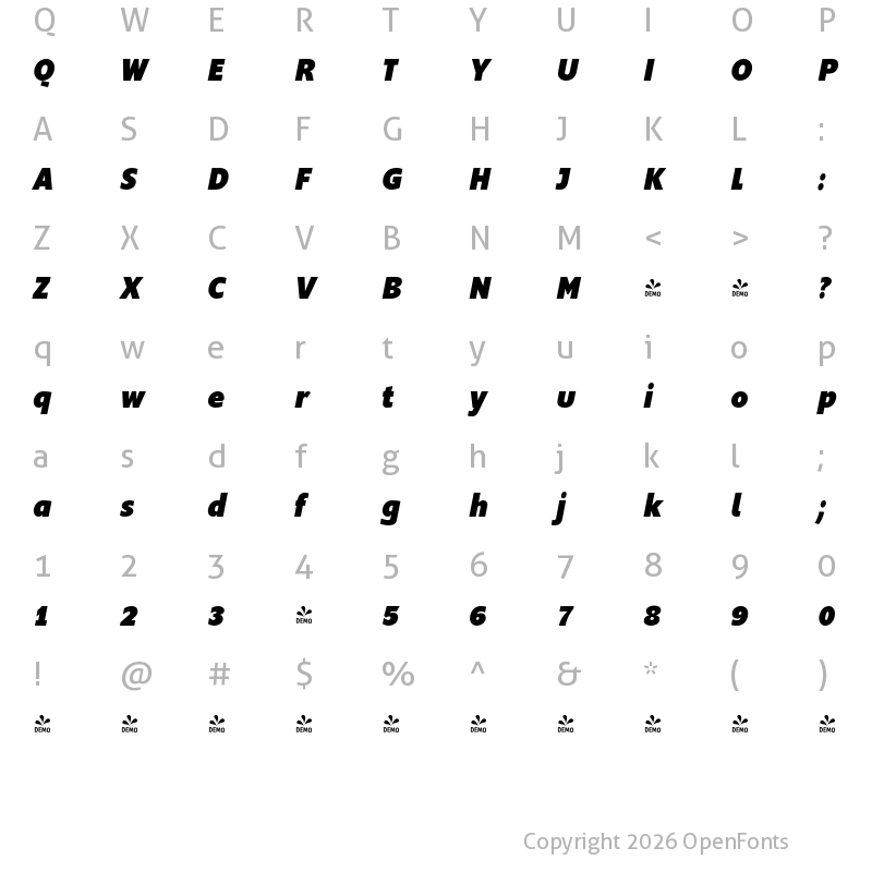 Character Map of FONTSPRING DEMO - Supra-BlackCondensedItalic Regular