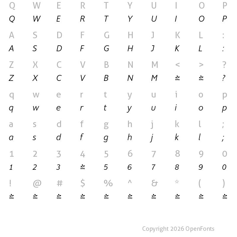 Character Map of FONTSPRING DEMO - Supra-LightRoundedItalic LightRoundedItalic