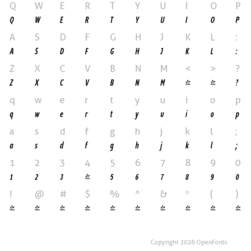 Character Map of FONTSPRING DEMO - Supra-MediumCompressedItalic Regular