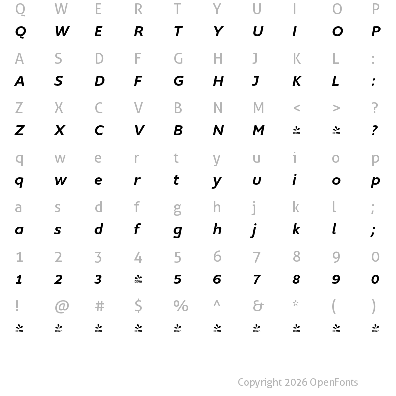 Character Map of FONTSPRING DEMO - Supra-MediumItalic Regular