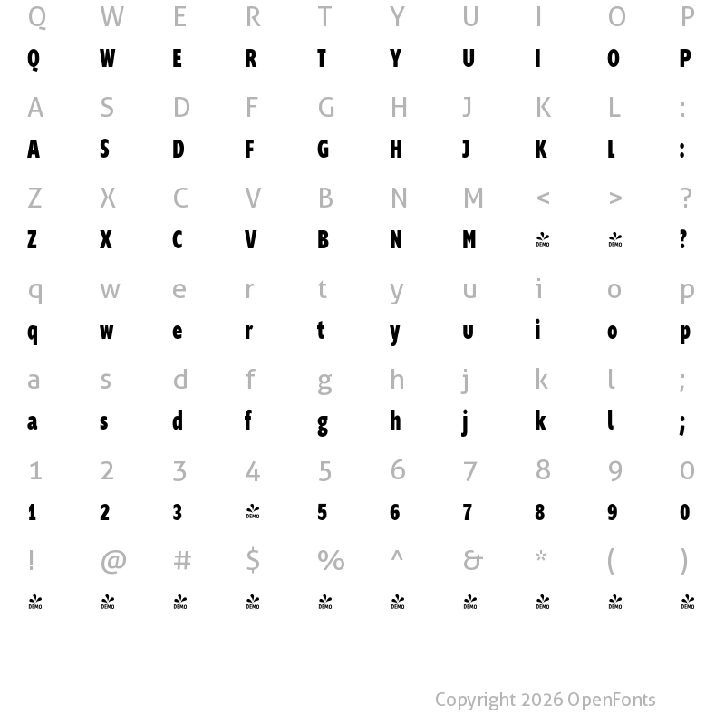 Character Map of FONTSPRING DEMO - Supra-XBoldCompressed Regular