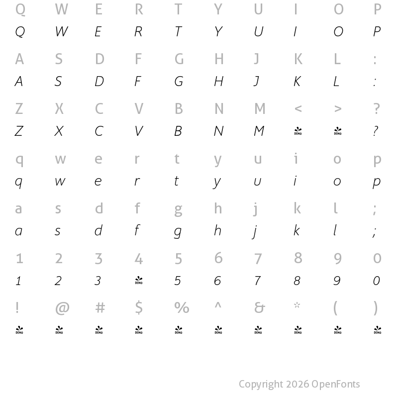 Character Map of FONTSPRING DEMO - Supra-XLightRoundedItalic XLightRoundedItalic