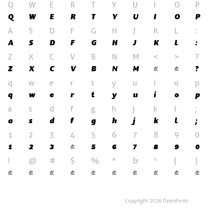 Character Map of FONTSPRING DEMO - SupraClassic-BlackItalic Regular