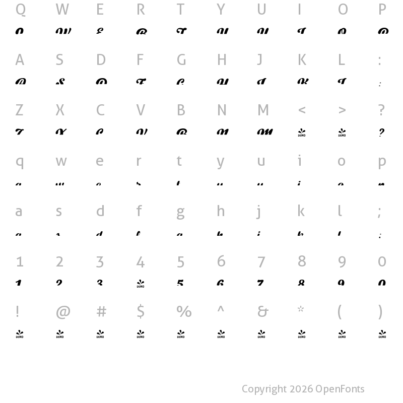 Character Map of FONTSPRING DEMO - Swiftel Fill Fill