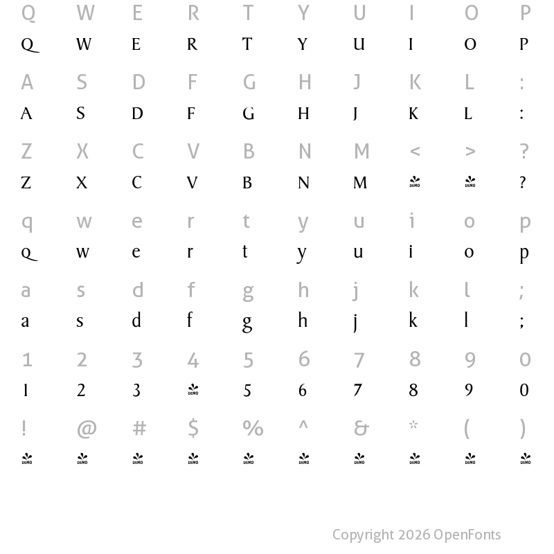Character Map of FONTSPRING DEMO - Sydney Serial Light Regular