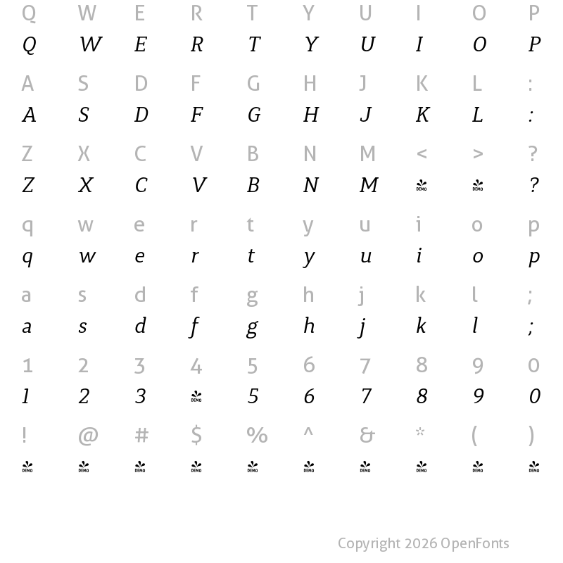 Character Map of FONTSPRING DEMO - Synerga Pro Italic