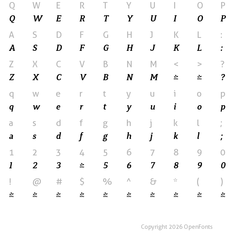 Character Map of FONTSPRING DEMO - Synerga Pro SmBd Italic