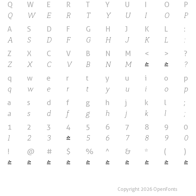 Character Map of FONTSPRING DEMO - Synerga Pro Th Italic