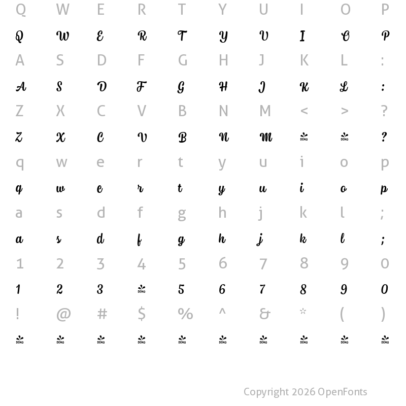 Character Map of FONTSPRING DEMO - Syrup Script Regular