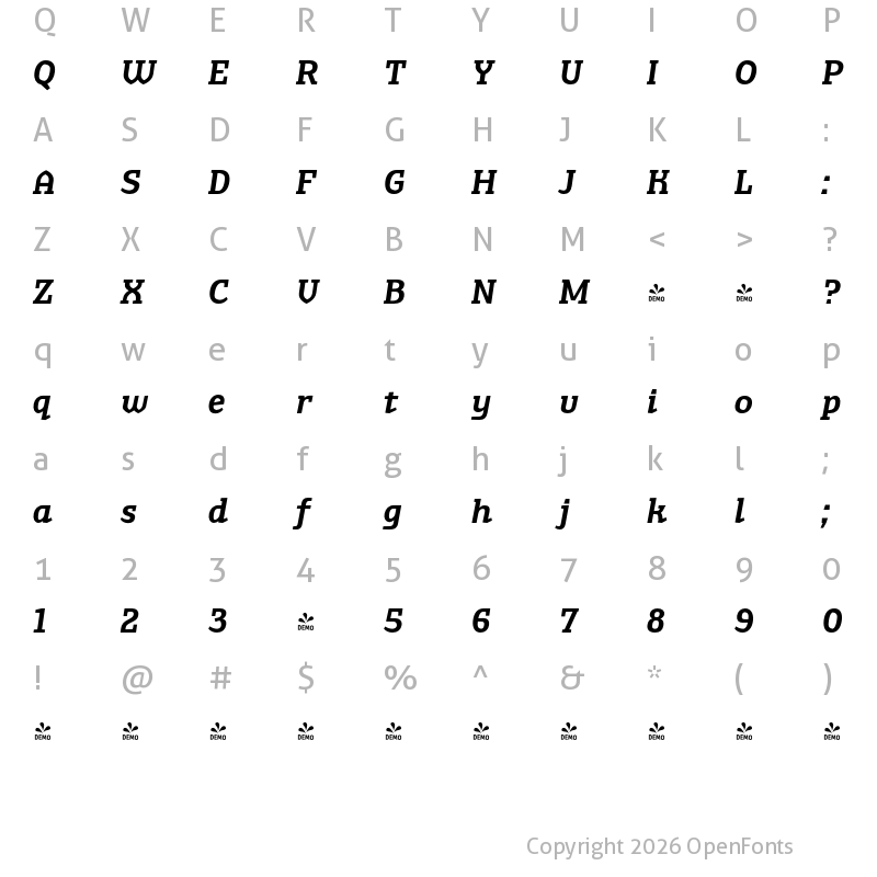 Character Map of FONTSPRING DEMO - TA Shusha SemBd Italic