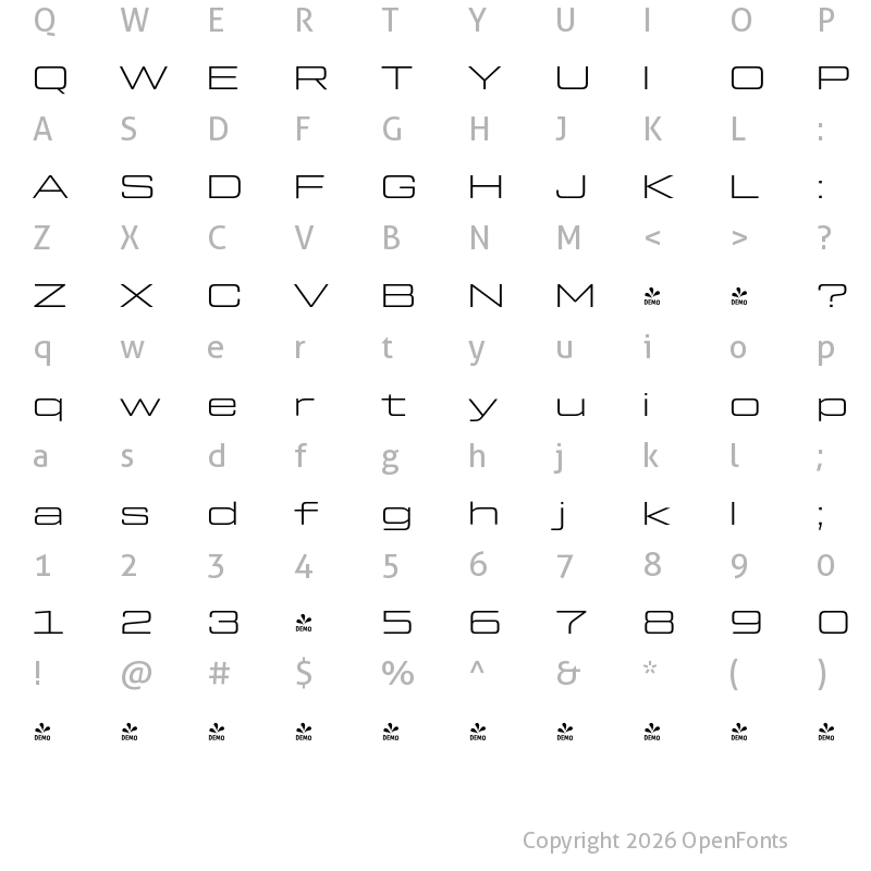 Character Map of FONTSPRING DEMO - Tactic Sans Ext Exd Lgt Regular