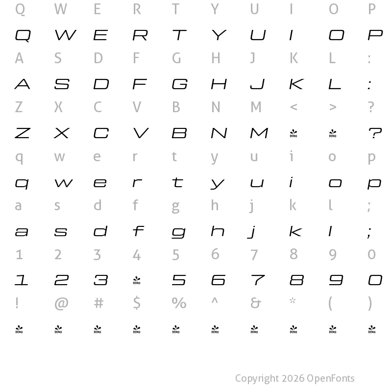 Character Map of FONTSPRING DEMO - Tactic Sans Ext Exd Reg It Regular