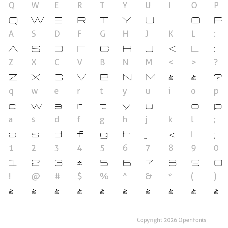 Character Map of FONTSPRING DEMO - Tactic Sans Ext Exd Thn Regular