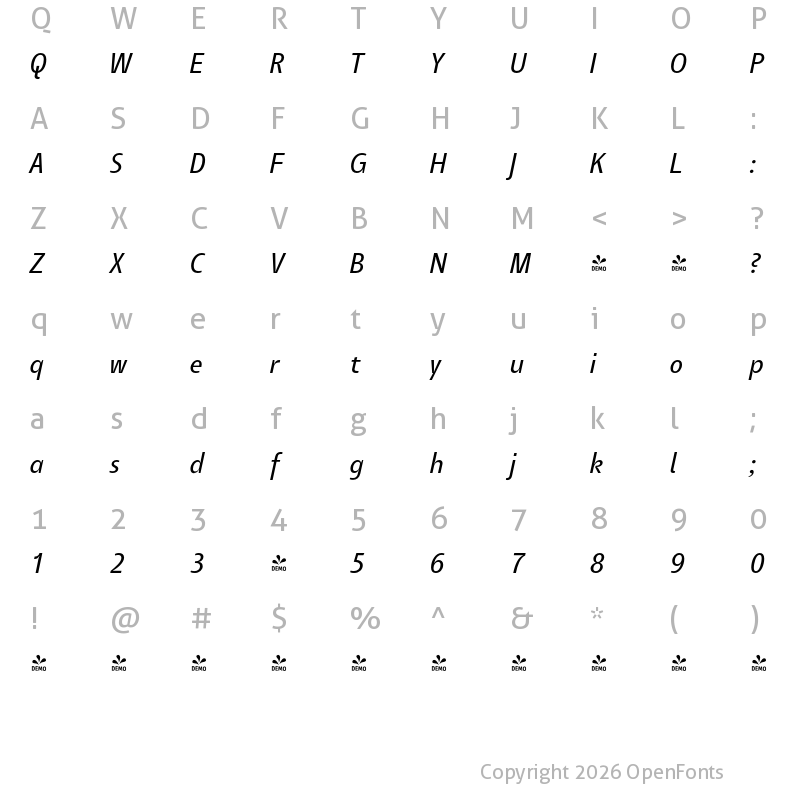 Character Map of FONTSPRING DEMO - Tang Bk Italic