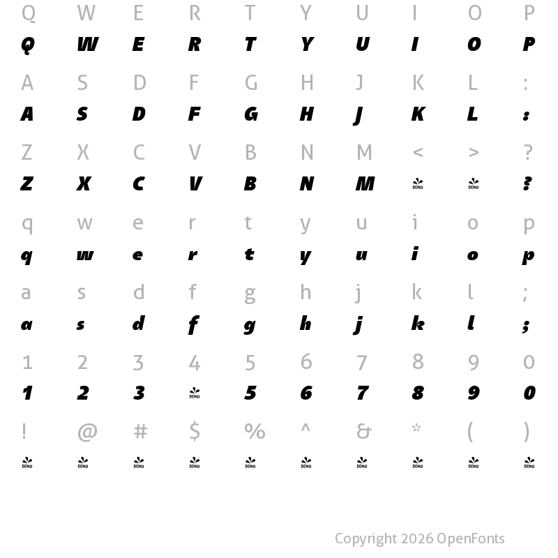 Character Map of FONTSPRING DEMO - Tang Bl Italic