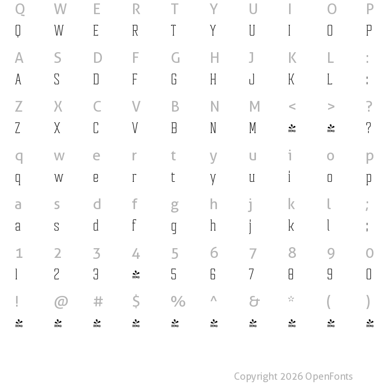 Character Map of FONTSPRING DEMO - Tecnica Slab Stencil 1 Rg Regular