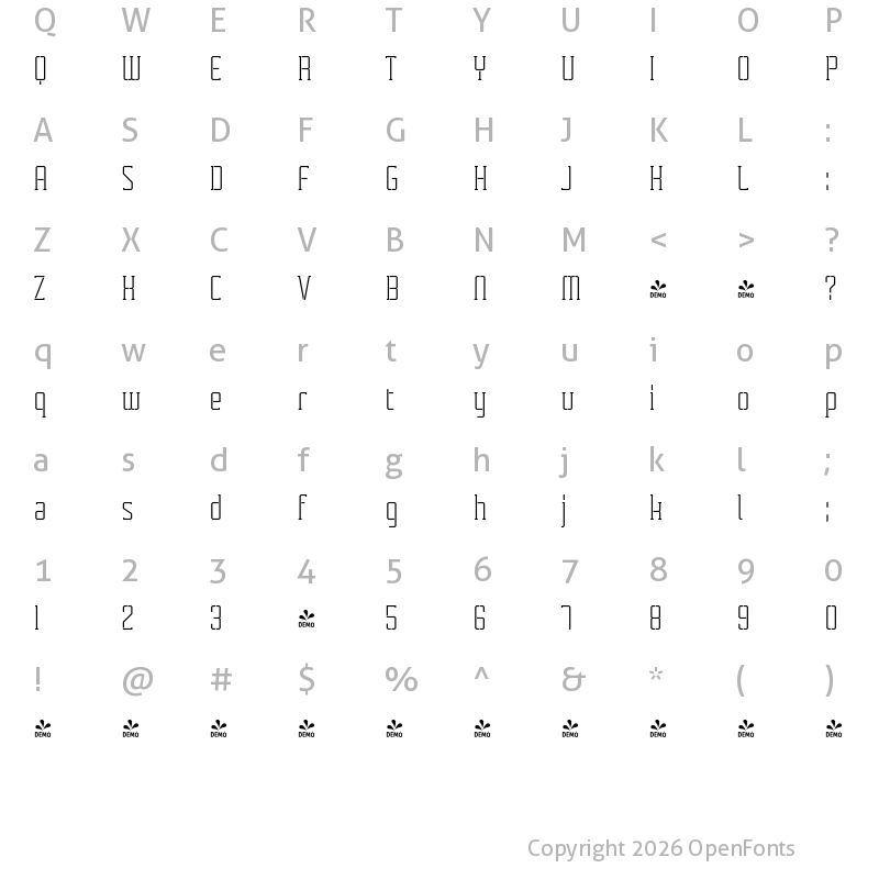 Character Map of FONTSPRING DEMO - Tecnica Slab Stencil 2 Rg Alt Regular