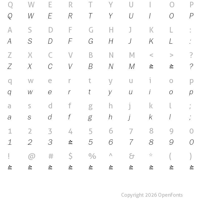 Character Map of FONTSPRING DEMO - TeeFranklin Lt Italic