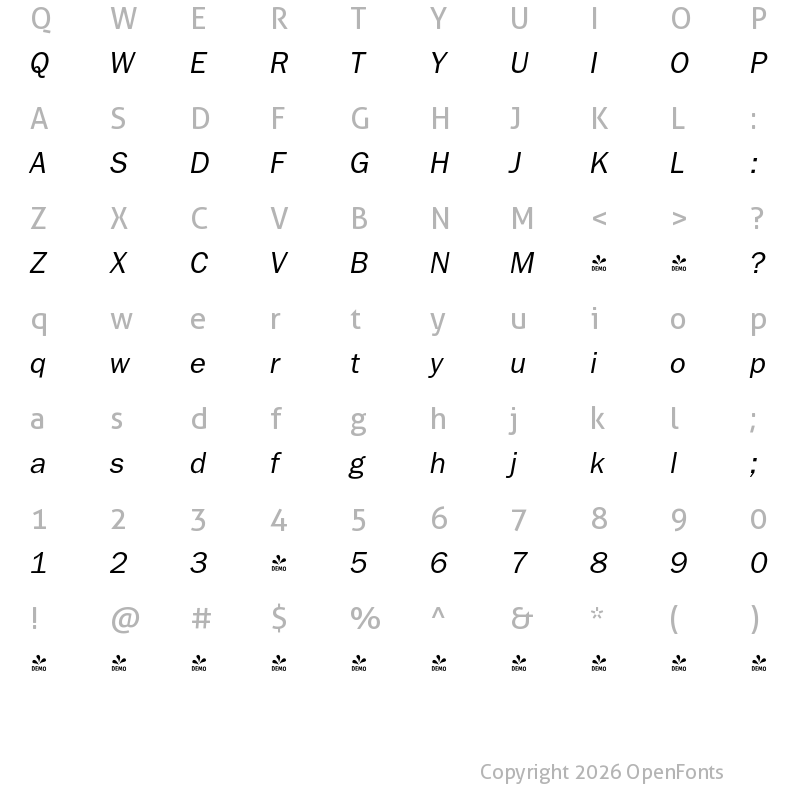 Character Map of FONTSPRING DEMO - TeeFranklin Md Italic