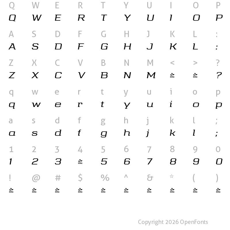 Character Map of FONTSPRING DEMO - Telephone Extended Italic